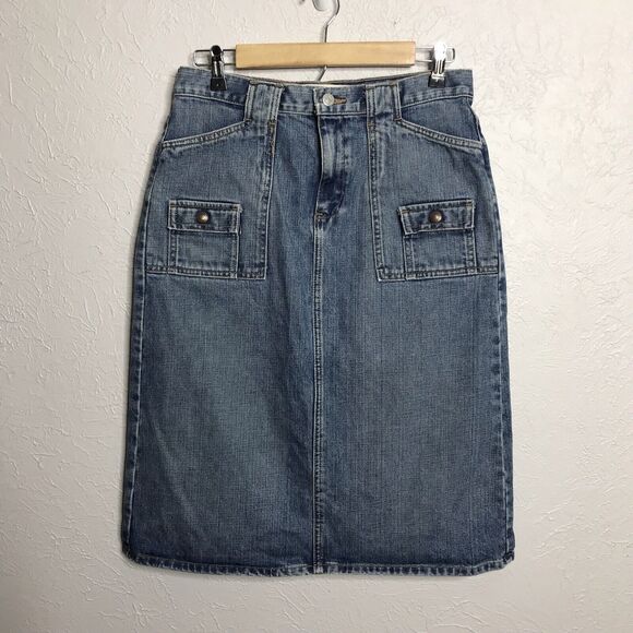 Vintage GAP Denim Y2K Denim Utility Skirt Medium Wash Slit Back Pockets Size - Picture 1 of 12